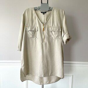 Ellen Tracy Button Flap Sleeve V Neck Linen Tunic